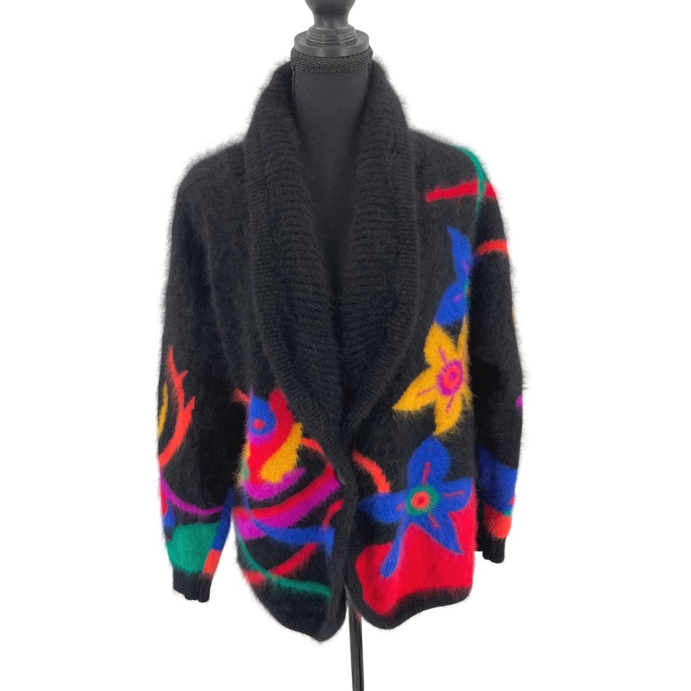 Rafaella Cardigan Women L Black Angora Wool Vintage Floral Shawl Collar Boho 80s